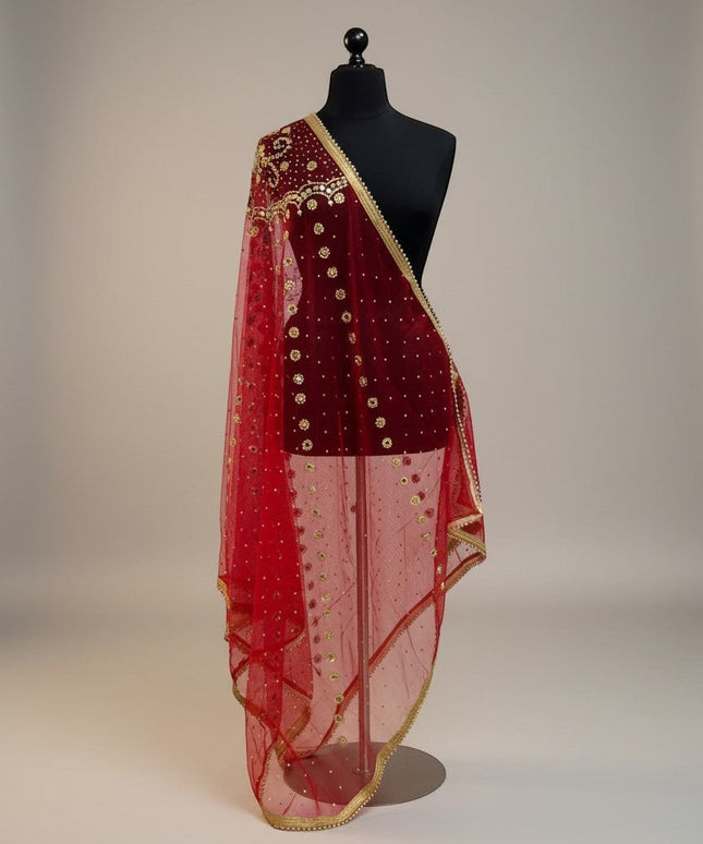 House Of Indian Wedding Attire red net bridal dupatta with gold sequins, mirror work, and lace trim.