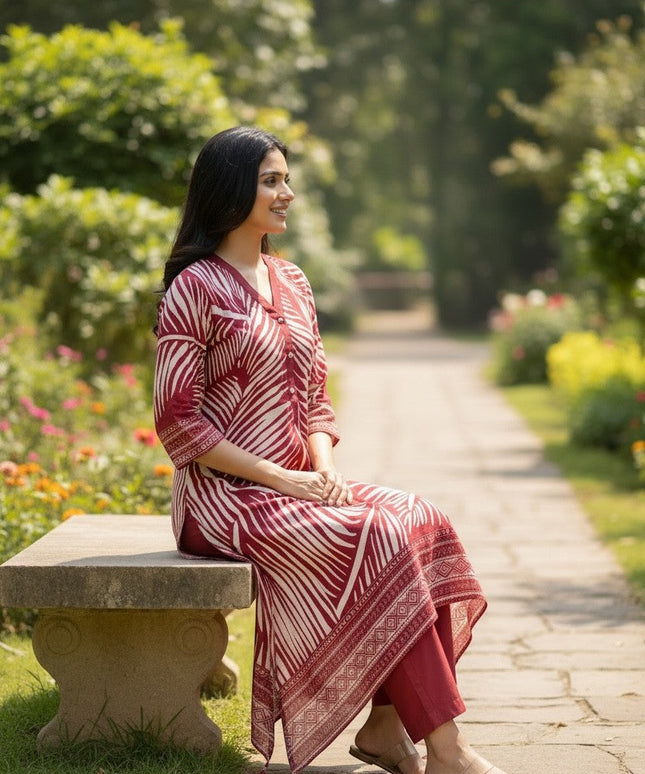 House Of Indian Wedding Attire maroon and cream silk co ord set with leaf print and tassel detail