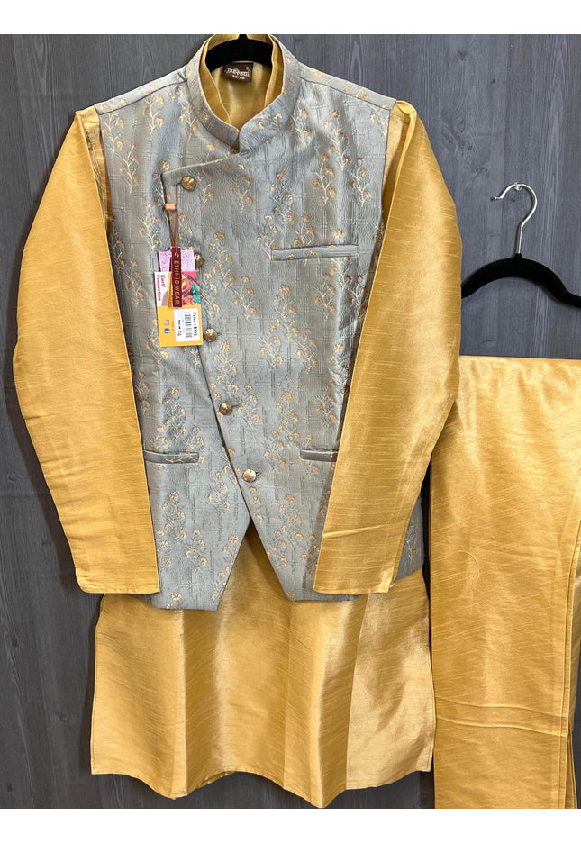 Silk kurta pajaama with jacket - Kurti Connection USA