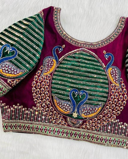 Heavy party wear blouse with peacock pattern - Kurti Connection USA