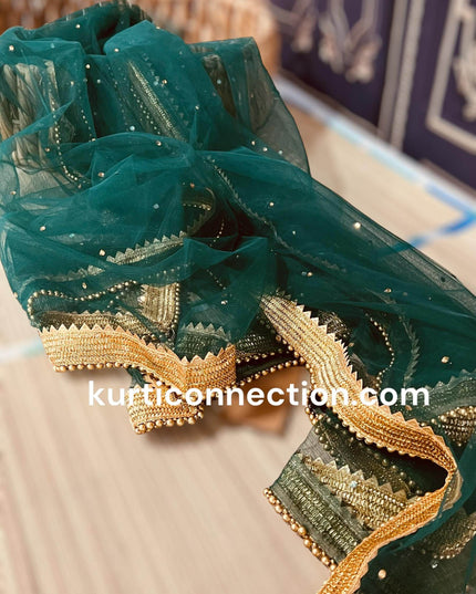 Net dupatta with heavy golden lace - Kurti Connection USA