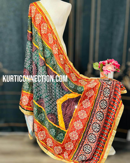 Mirror work dupatta, multicolored silk dupatta - Kurti Connection USA
