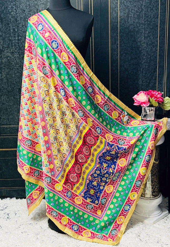 Crape silk multi color dupatta | mirror work dupatta - Kurti Connection USA