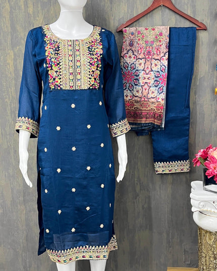 Silk Kurti pant set with digital print dupatta - Kurti Connection USA