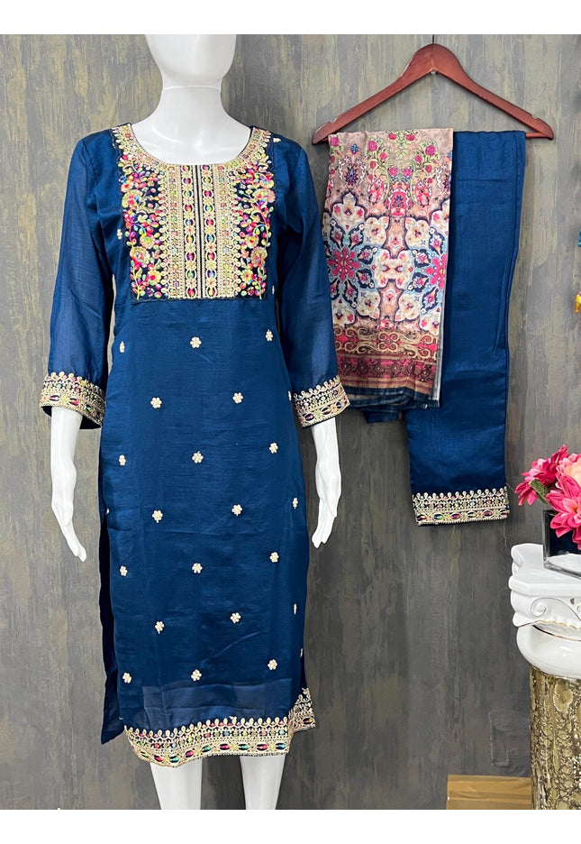 Silk Kurti pant set with digital print dupatta - Kurti Connection USA