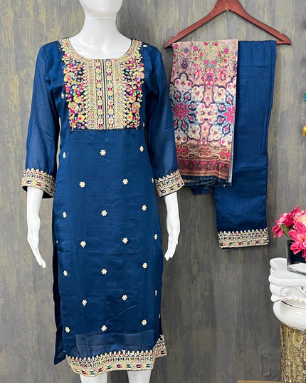Silk Kurti pant set with digital print dupatta - Kurti Connection USA