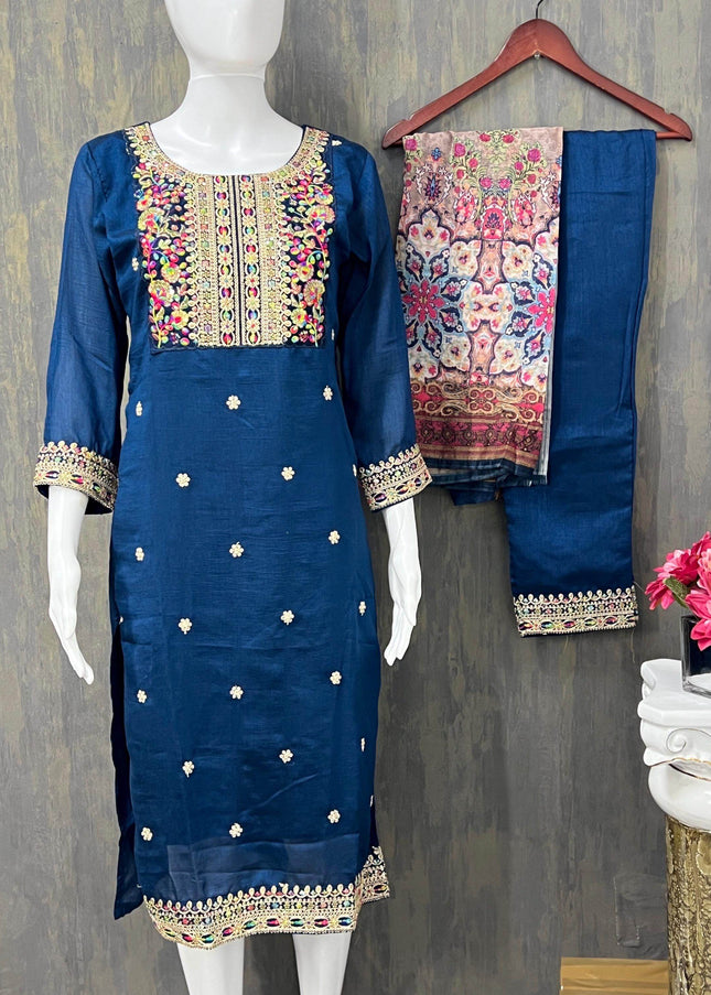 Silk Kurti pant set with digital print dupatta - Kurti Connection USA