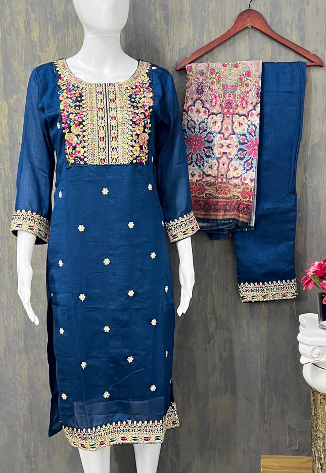 Silk Kurti pant set with digital print dupatta - Kurti Connection USA