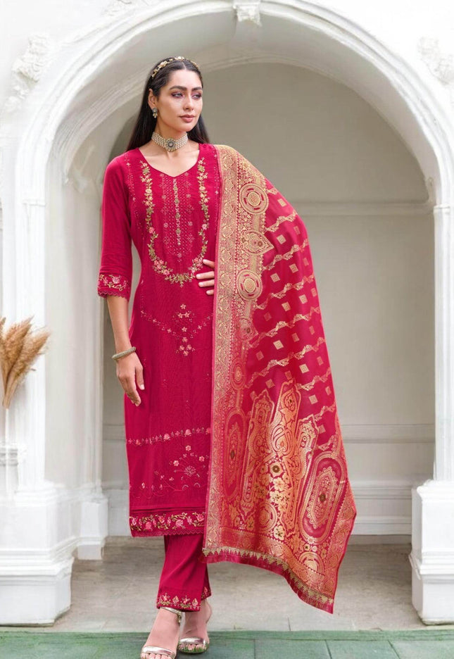 Linen silk Kurti set with banarasi dupatta - Kurti Connection USA