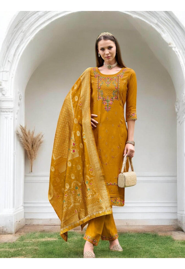 Linen silk Kurti set with banarasi dupatta - Kurti Connection USA