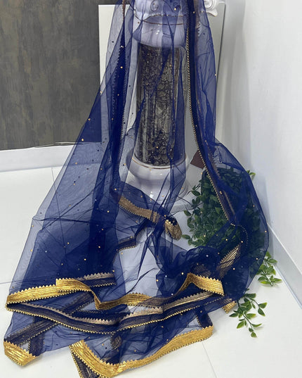 Dark blue Net dupatta with heavy lace - Kurti Connection USA