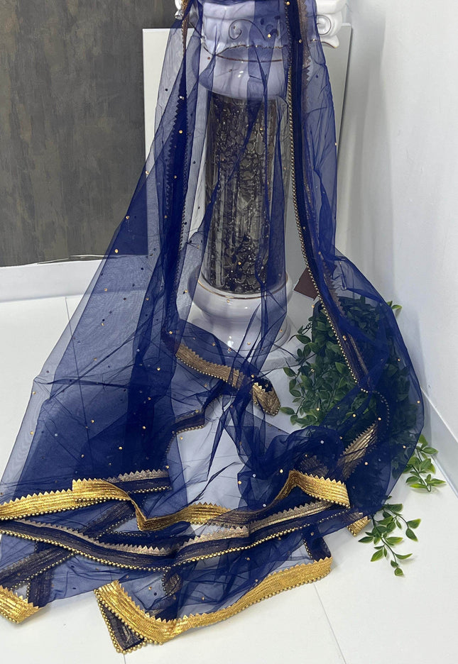 Dark blue Net dupatta with heavy lace - Kurti Connection USA