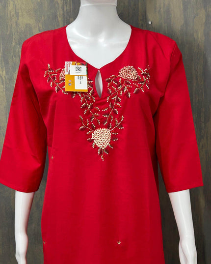 Red Linen silk kurti - Kurti Connection USA