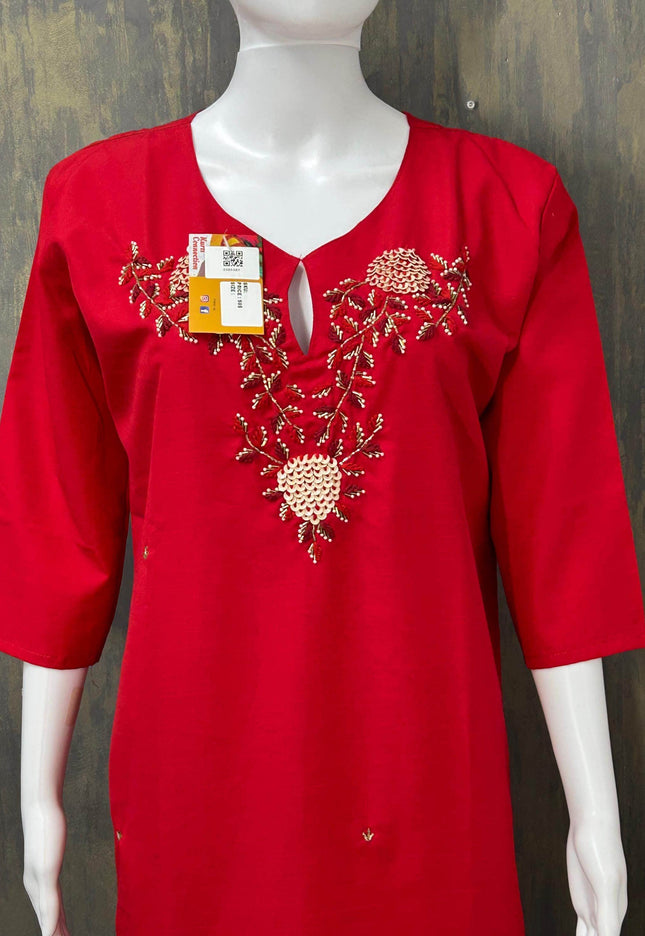 Red Linen silk kurti - Kurti Connection USA