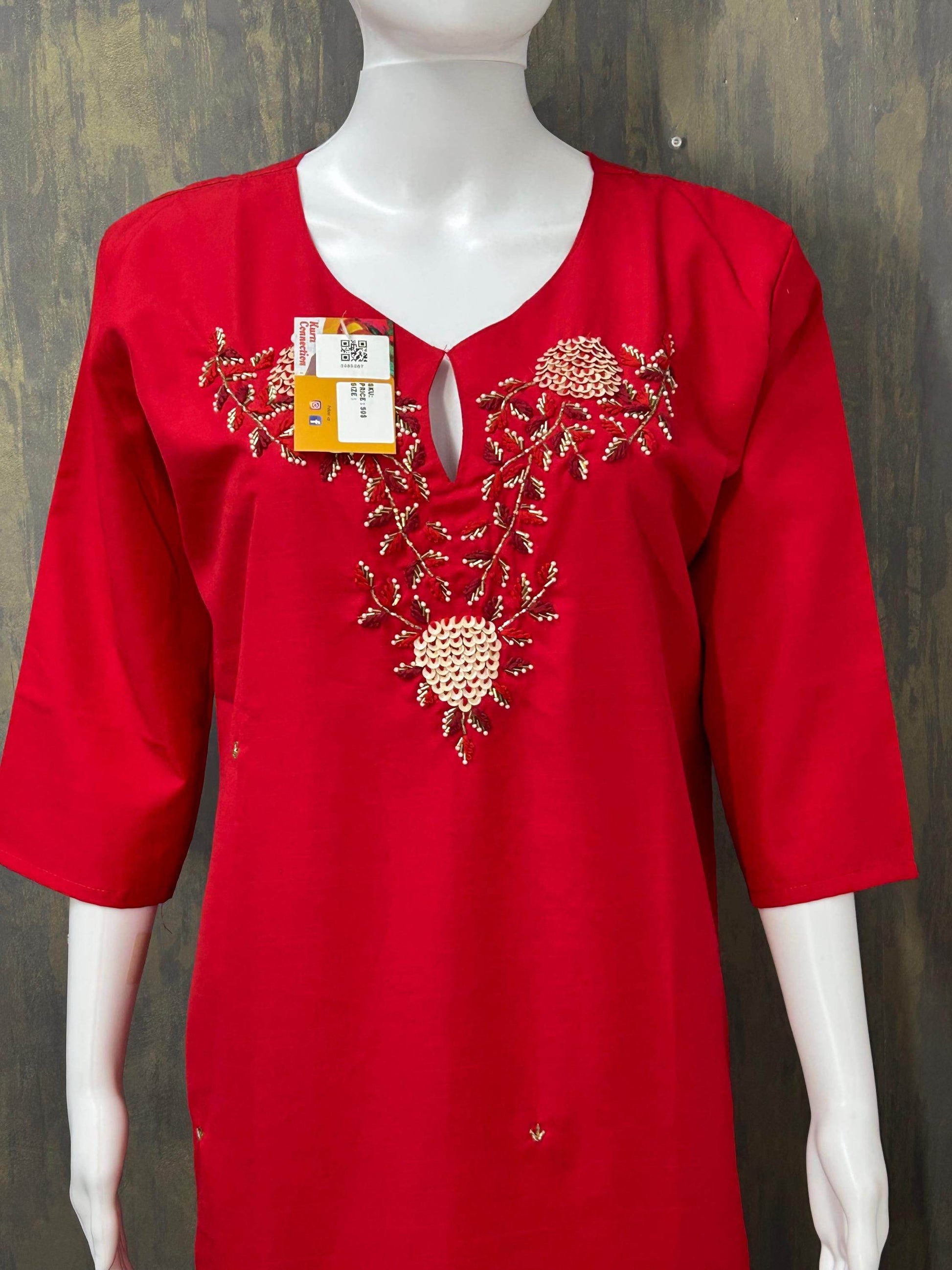 Red Linen silk kurti - Kurti Connection USA