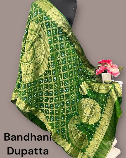 Dark green gharchola bandhani dupatta - Kurti Connection USA