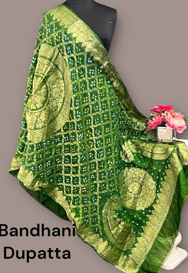 Dark green gharchola bandhani dupatta - Kurti Connection USA