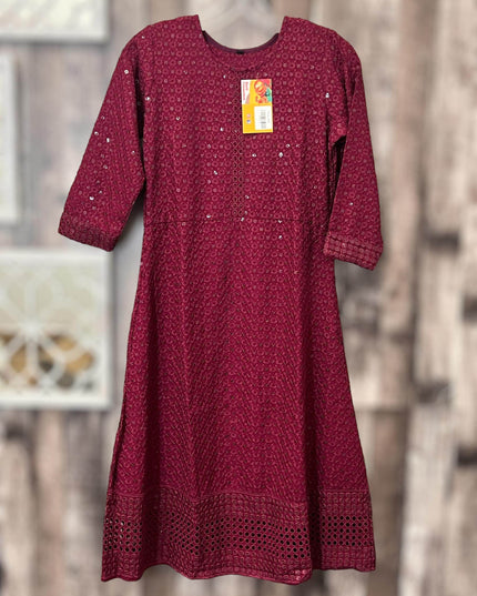 Chikankari kurtis for girls : wine color - Kurti Connection USA