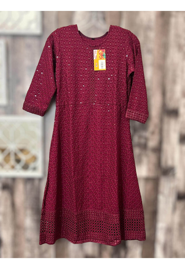 Chikankari kurtis for girls : wine color - Kurti Connection USA
