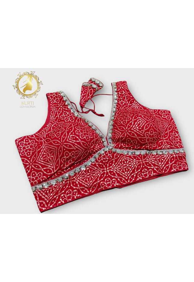 Red silver bandhani blouse - Kurti Connection USA