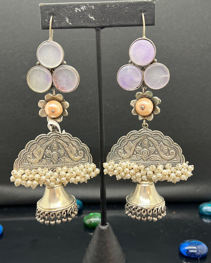 Handcrafted silver lookalike earrings with natural water stone - Kurti Connection USA