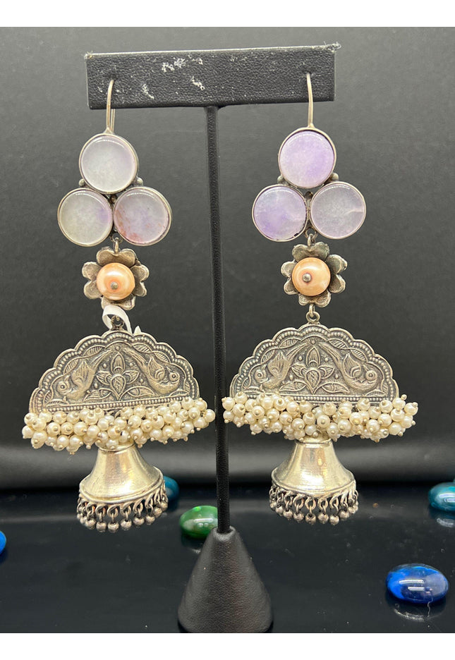 Handcrafted silver lookalike earrings with natural water stone - Kurti Connection USA