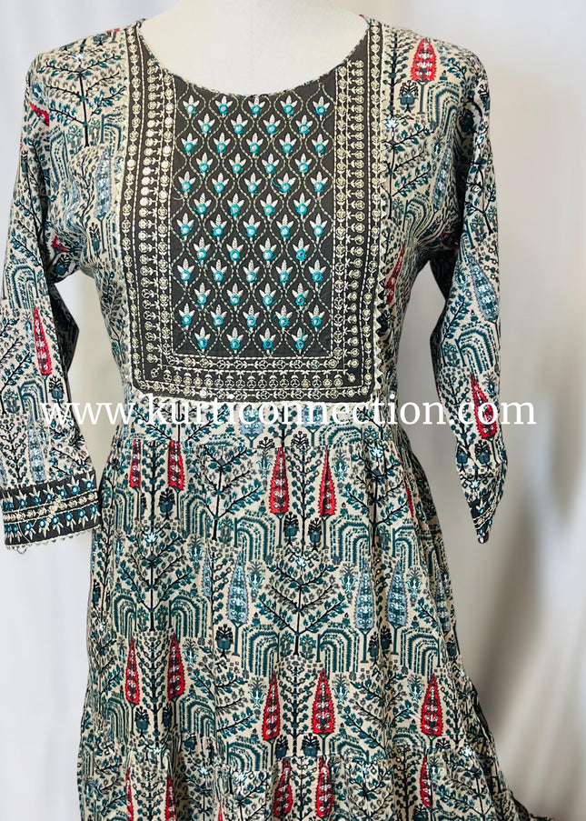 Printed cotton kurti with sequin border - Kurti Connection USA