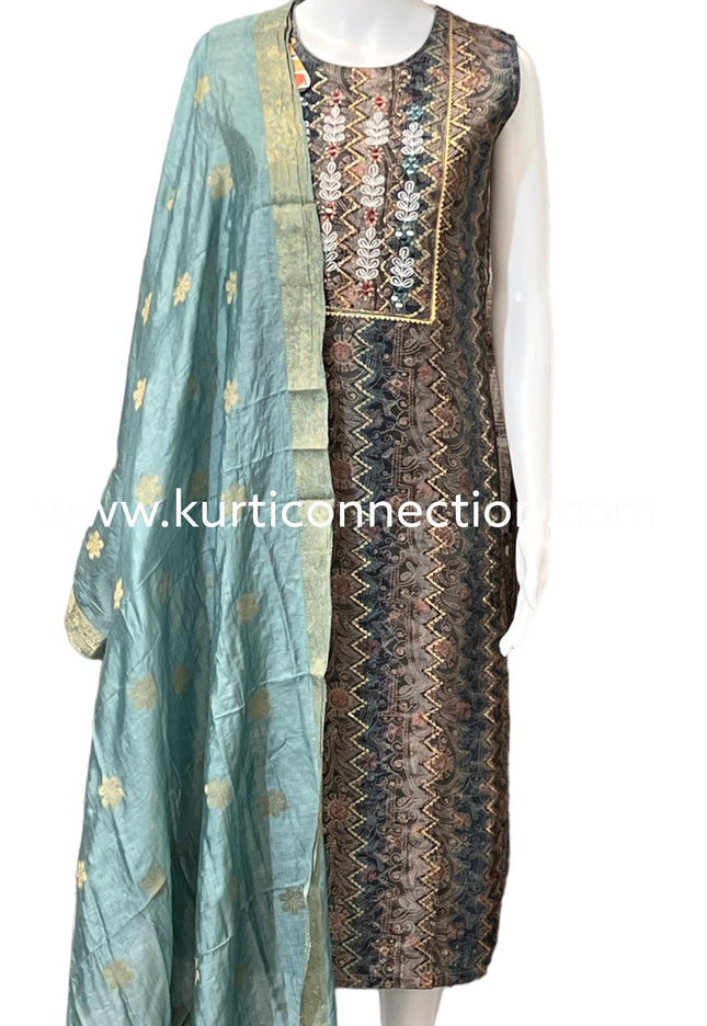 Chanderi silk suit with stretchable pant - Kurti Connection USA