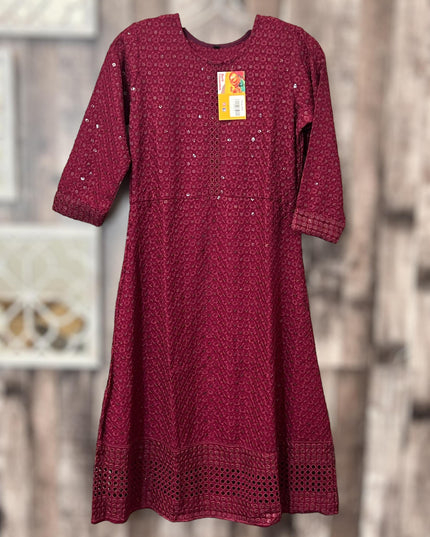Chikankari kurtis for kids : wine color - Kurti Connection USA