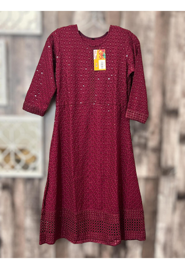 Chikankari kurtis for kids : wine color - Kurti Connection USA
