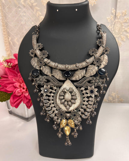 Oxidized silver necklace / statement piece - Kurti Connection USA