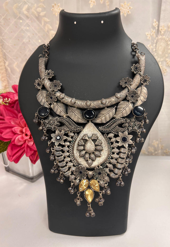 Oxidized silver necklace / statement piece - Kurti Connection USA