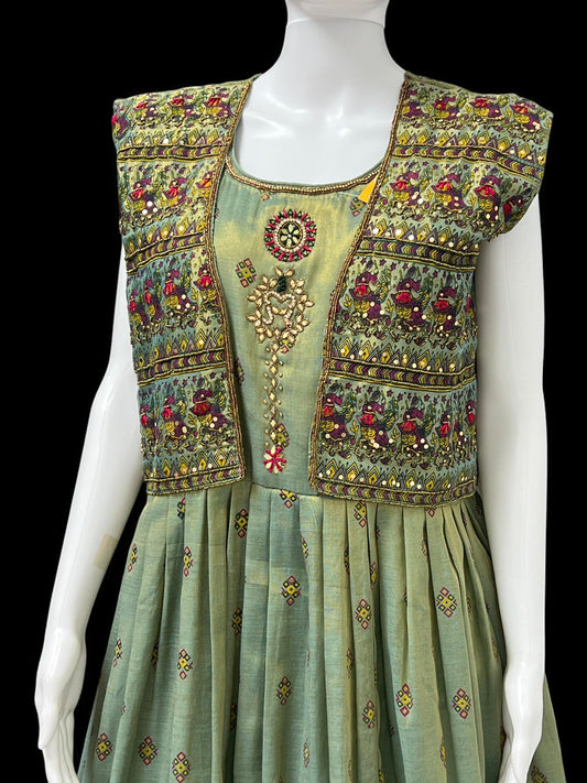 Chanderi Silk long dress with jacket | Sleeves available