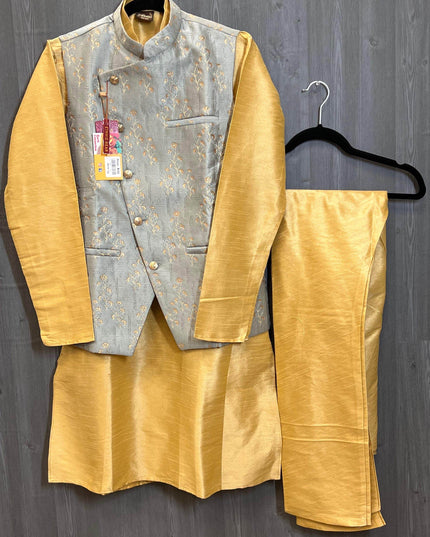 Silk kurta pajaama with jacket - Kurti Connection USA