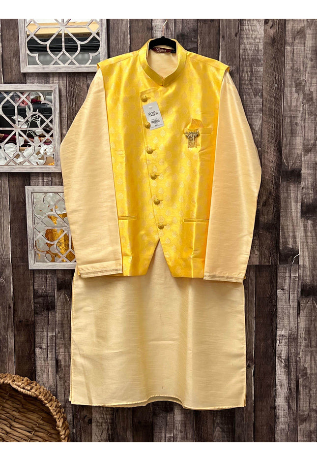 Cotton silk kurta pajaama set with jacket - Kurti Connection USA