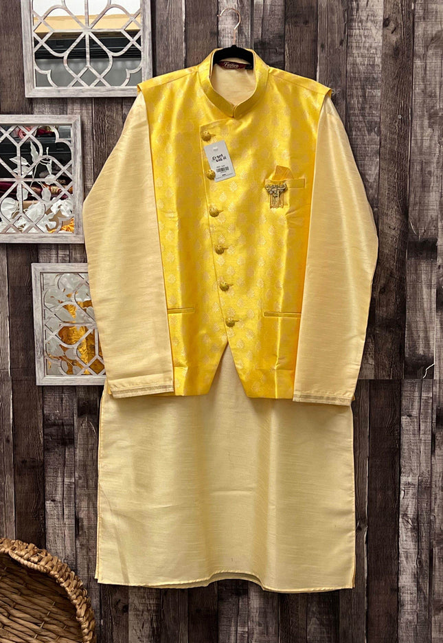 Cotton silk kurta pajaama set with jacket - Kurti Connection USA