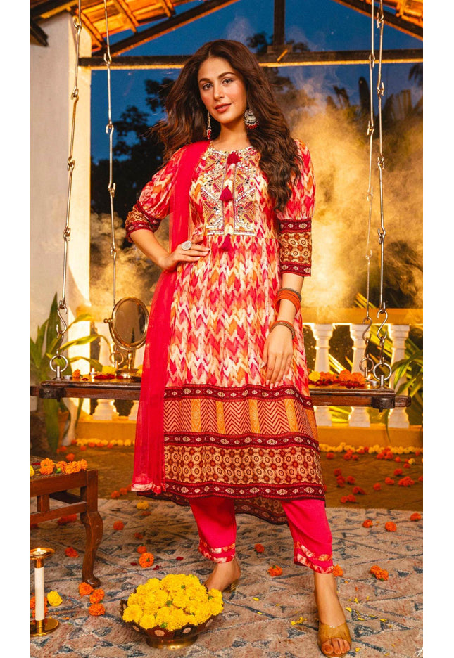 Chiffon long kurti set | three piece salwar suit - Kurti Connection USA