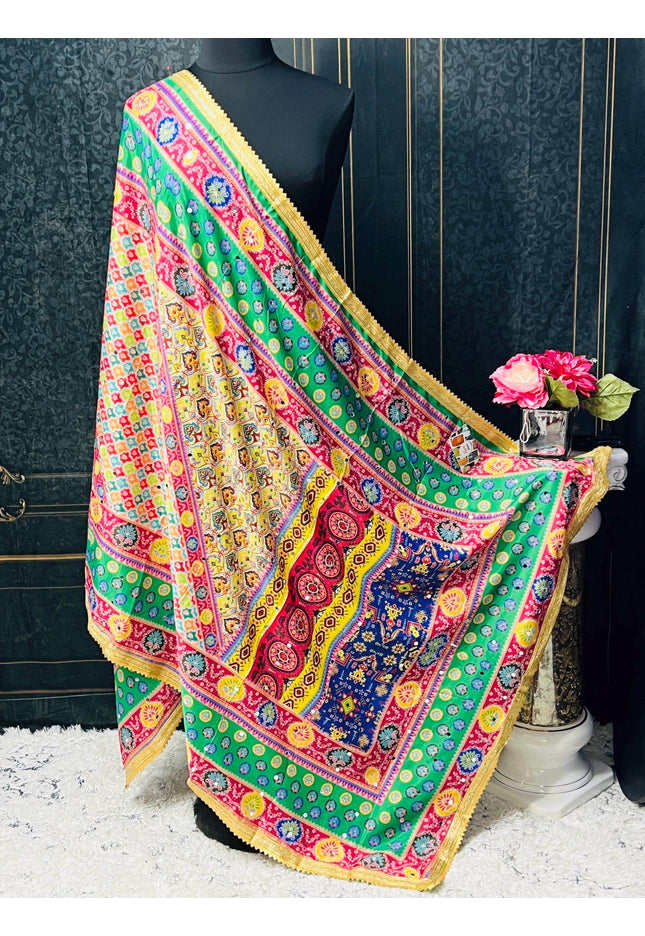 Crape silk multi color dupatta | mirror work dupatta - Kurti Connection USA