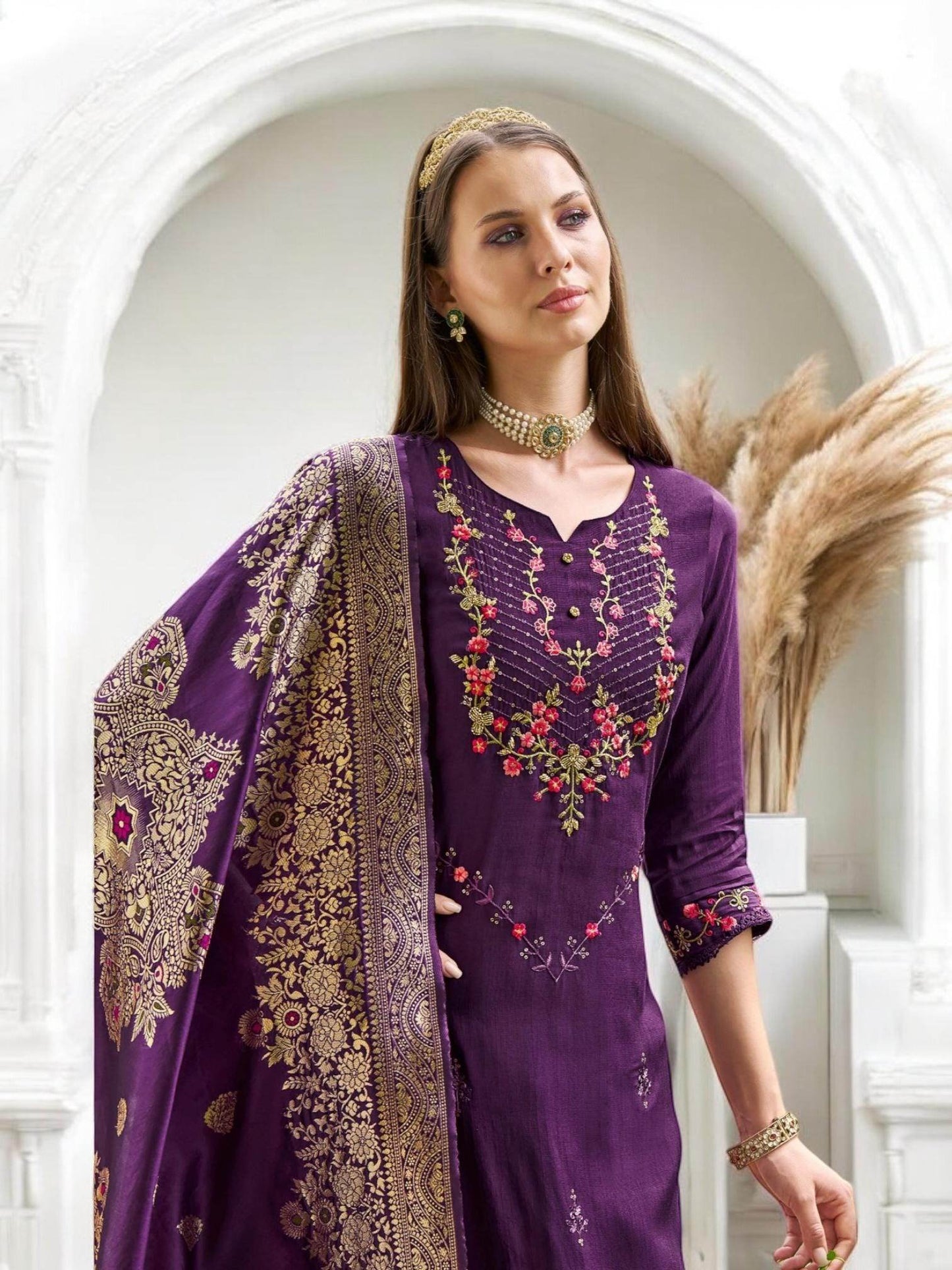 Linen silk Kurti set with banarasi dupatta - Kurti Connection USA