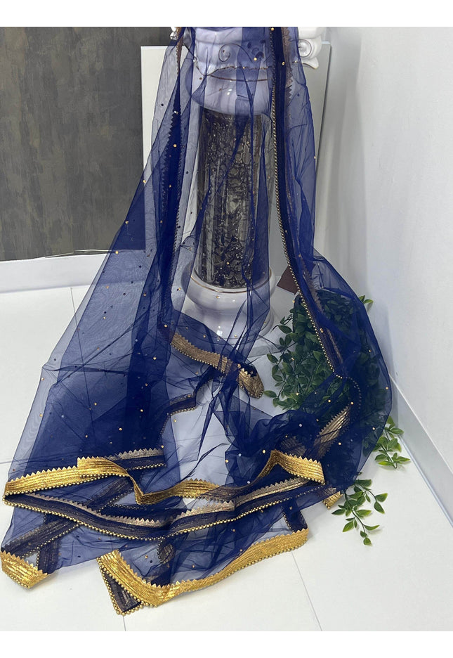 Dark blue Net dupatta with heavy lace - Kurti Connection USA