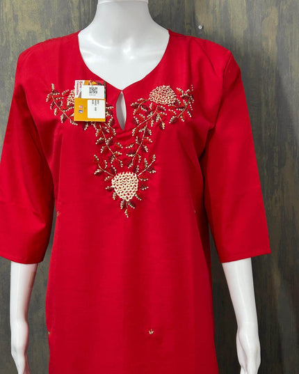 Red Linen silk kurti - Kurti Connection USA
