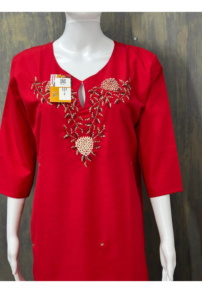 Red Linen silk kurti - Kurti Connection USA