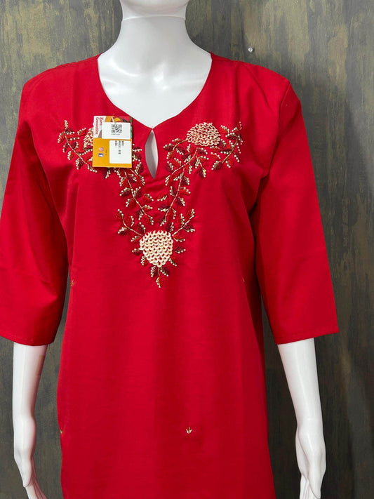 Red Linen silk kurti - Kurti Connection USA