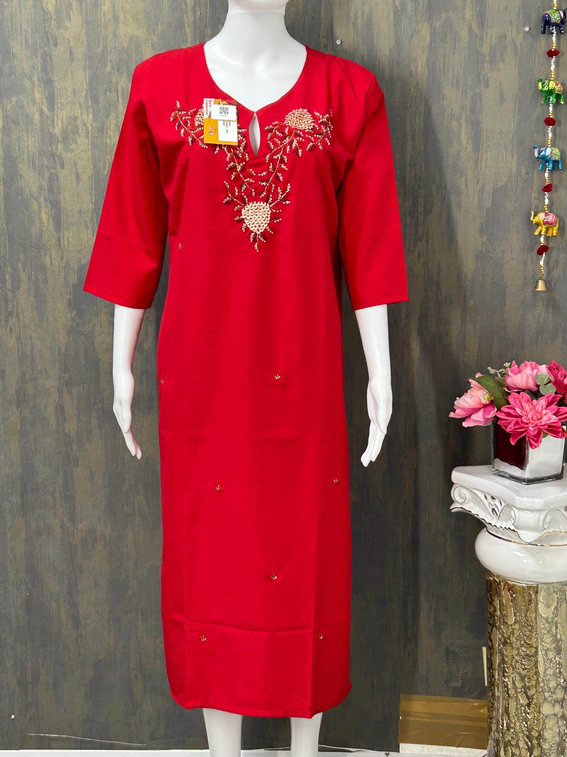 Red Linen silk kurti - Kurti Connection USA