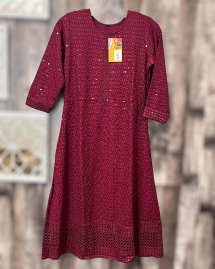 Chikankari kurtis for girls : wine color - Kurti Connection USA