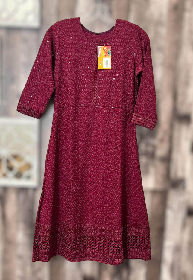 Chikankari kurtis for girls : wine color - Kurti Connection USA