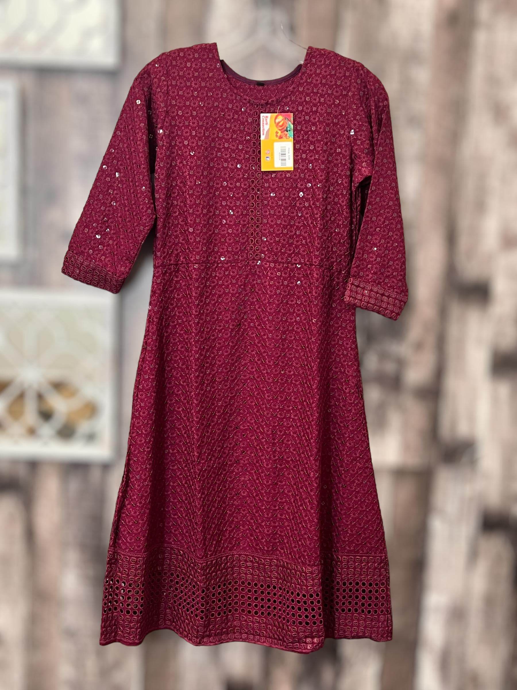 Chikankari kurtis for kids : wine color - Kurti Connection USA