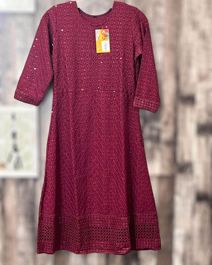 Chikankari kurtis for girls : wine color - Kurti Connection USA