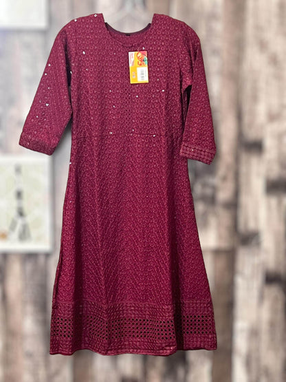 Chikankari kurtis for kids : wine color - Kurti Connection USA