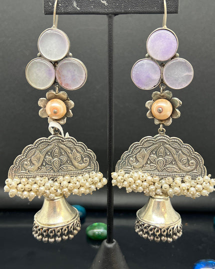 Handcrafted silver lookalike earrings with natural water stone - Kurti Connection USA